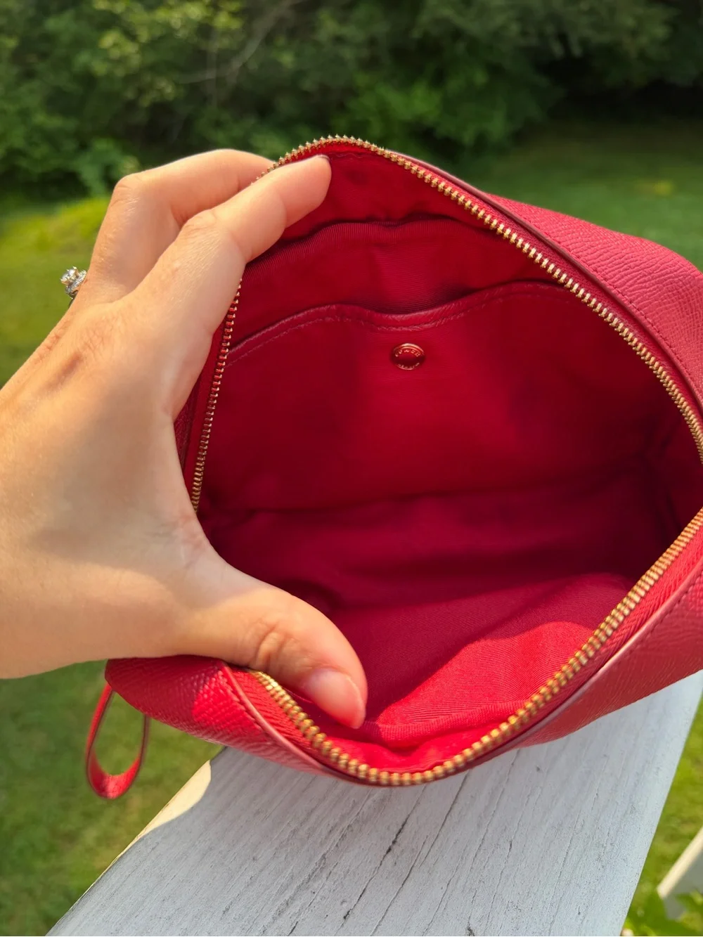 Coach Red Crossgrain Leather Cosmetic Case Makeup Bag Wristlet Zip Pouch